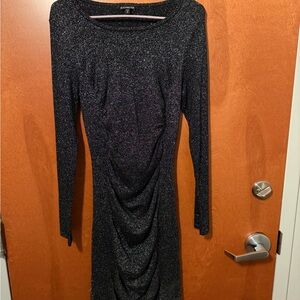 Express Black Sparkle Long Sleeve Ruched Midi Dress